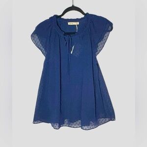 NWT Revolve La’ Ven Navy Blue Lined Swiss Dot Blouse w/ Flutter Sleeves & Tie, S